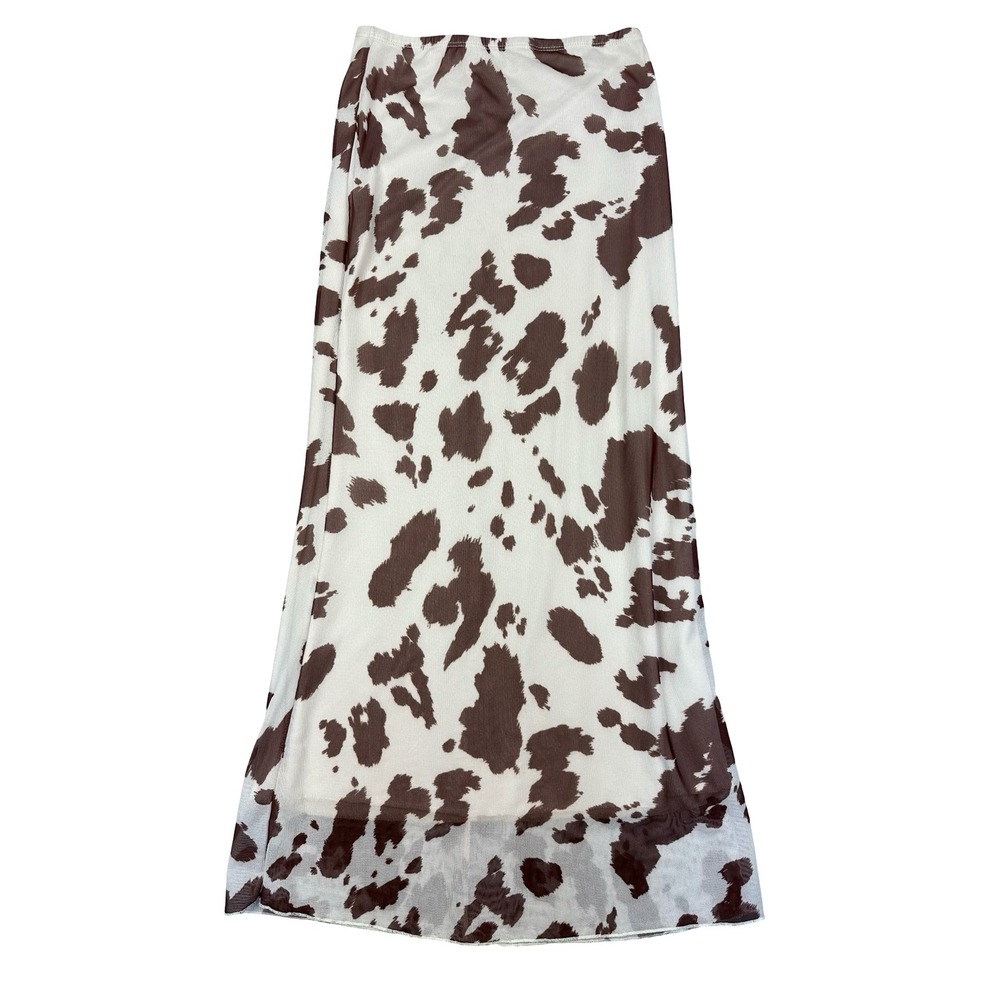See You Monday Skirt Womens Medium Brown Cream Cow Print Maxi Trendy